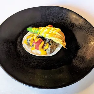 4/9/22 Taquito de Hongo Tatemado - Grilled Mushroom, Squash Blossom, Queso Menonita, Tomatoes, Bell Pepper Salsa, Heirloom Corn Tortilla