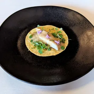 4/9/22 Taquito de Lenguado - Grilled Dover Sole, Sage Soubise, Garlic Flower, Watercress, Fried Sage, Red Heirloom Corn Tortilla