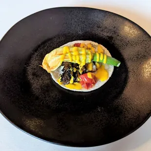 4/9/22 Taquito de Hongo Tatemado - Grilled Mushroom, Squash Blossom, Queso Menonita, Tomatoes, Bell Pepper Salsa, Heirloom Corn Tortilla