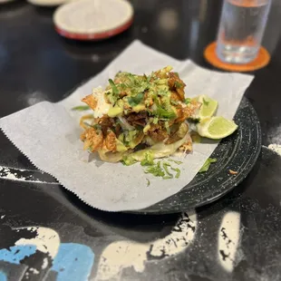 Pork Al pastor Tostada Tower- $18. Small, but divine!!!