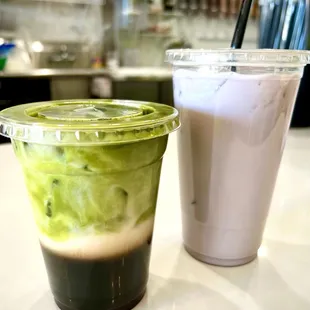 Matcha coffee, taro milk tea