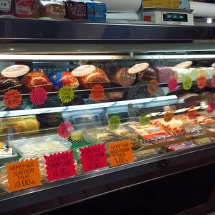 a display case filled with food