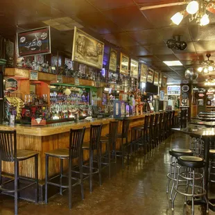 a bar with stools and tables