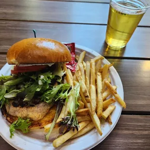 Salmon Burger with fries