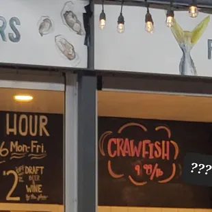 Extremely ambiguously placed, no indication if crawfish are raw, cooked happy hour, etc.