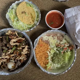 Fajitas, taco, sides, chips.