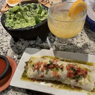 Burrito Azteca, Fresh Guacamole 16oz &amp; margarita azteca.