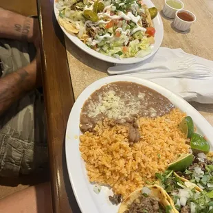 Nachos libre and 3 steak tacos with beans and rice (combo #4)