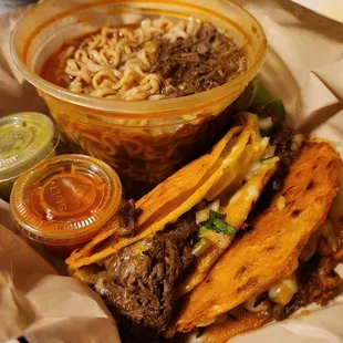 Birria Ramen and taco combo.