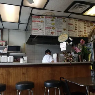 a view of a restaurant counter