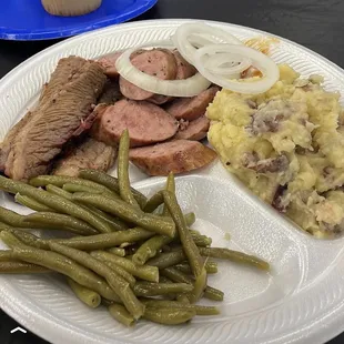 Brisket. Sausage. Green beans. Mash potatoes