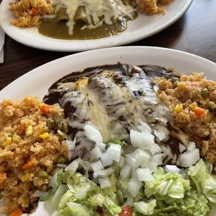 Poblano mole enchiladas and green enchiladas. The sauce is homemade and so good.