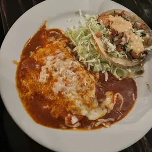 2 enchiladas with a garlic shrimp taco