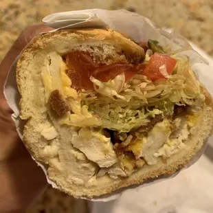 chicken bltc: grilled chicken breast, bacon, cheddar, mayo, lettuce, tomato on a baguette = $7.95