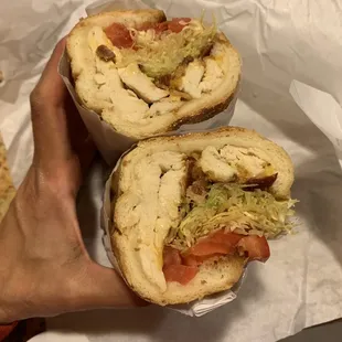 chicken bltc: grilled chicken breast, bacon, cheddar, mayo, lettuce, tomato on a baguette = $7.95