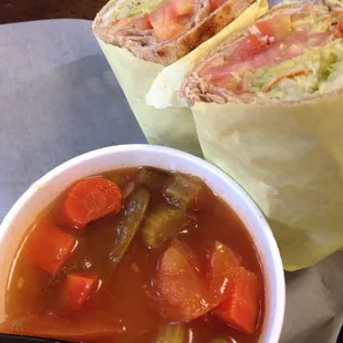 Turkey wrap, veggie soup