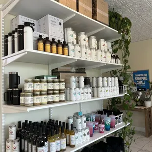 a shelf full of products