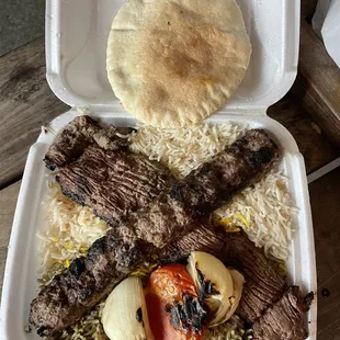 Kabob Sultani Entree and Beef Koubideh Kabob Entree