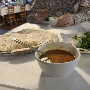 Tomato lentil soup. Flatbread.