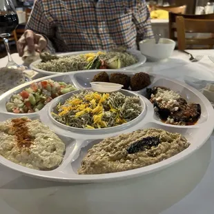 Vegetarian platter - Baba ghanoush, hummus, Spanish eggplant, falafel, Persian Salad, dilled rice.