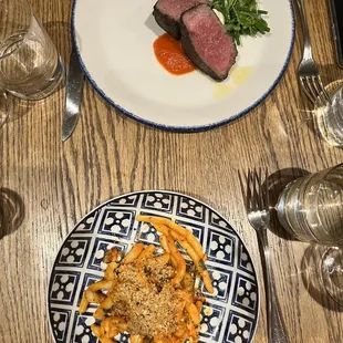 Shrimp pasta and Steak