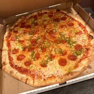 Large cheese, pepperoni, jalapeño and banana peppers