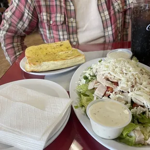Chef Salad w/ham or turkey. We chose turkey. Comes with Garlic Bread!