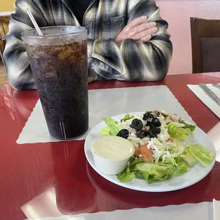 Large Diet Pepsi. The salad comes with the Pasta dish.