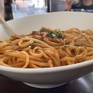 The "chicken" diablo pasta. This was before I touched it and, yes, that's the amount of chicken included.