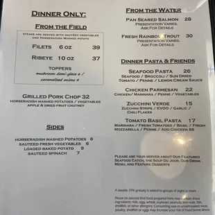 Dinner menu