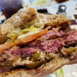 Original RG burger, wheat bun, add jalapenos, medium rare