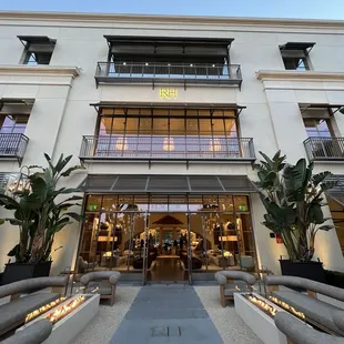 Outside in the evening with fires lit