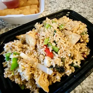 Basil Fried Rice with Tofu, Crispy Veggie Roll