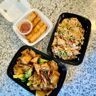 Pad See Ew, Basil Fried Rice, Crispy Veggie Roll