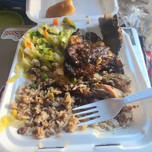 Jerk chicken has the perfect blend of spicy sweetness, I highly reccomend pinades as well as the curry chicken, stew chicken, and stew beef.