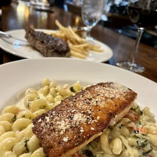 Salmon with cavatappi and NY strip