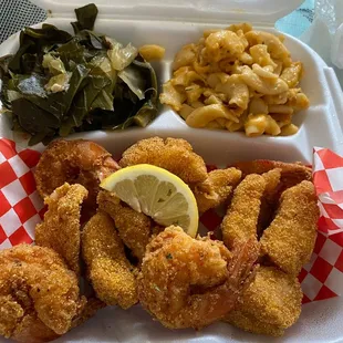 Fish &amp; shrimp, green and Mac cheese