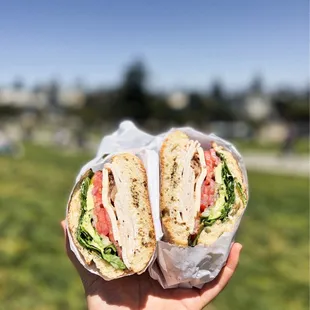 a hand holding a sandwich