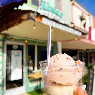  a hand holding a cup of ice cream