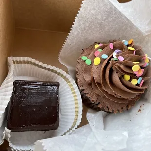 Chocolate Truffle Brownie &amp; Vanilla Cupcake with fudge buttercream icing. Both vegan, GF, and delicious - $12