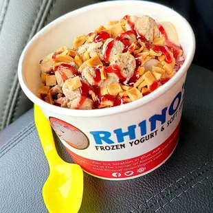 12oz Peanut Butter with cookie dough, raspberry &amp;waffle cone pieces