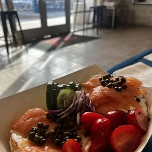 Sesame bagel with the works