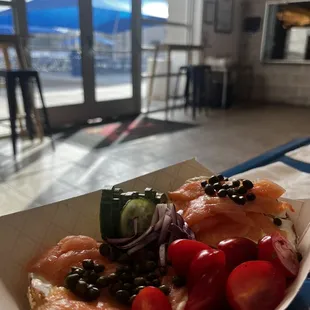 Sesame bagel with the works