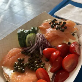 Sesame bagel with the works