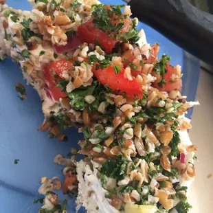 house made tabbouleh on top of a fresh garlic bagel. Delivery free for orders over $25. Worth every penny and every bite