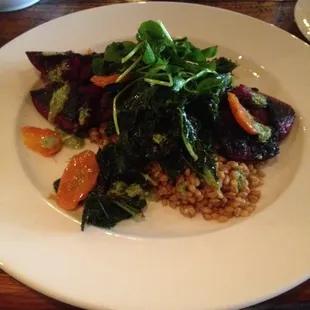 Grilled kale, beets, carrots, and farrow salad w goddess dressing