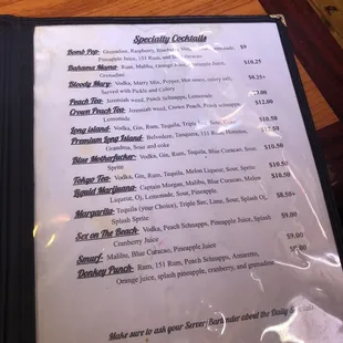 Cocktails menu