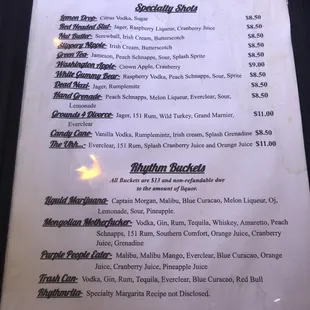 Speciality shots and buckets