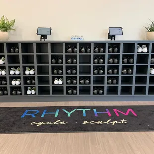 Rhythm cycle shoes and check in station.
