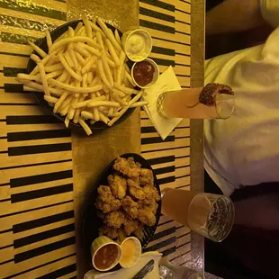 Fries and popcorn chicken